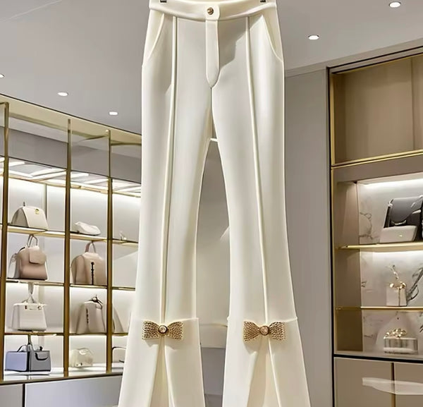 Women Fashion White Gold Bow Pants