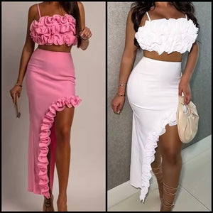 Women Sexy Sleeveless Ruffled Color Two Piece Maxi Skirt Set