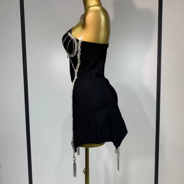 Women Sexy Black Sleeveless Rhinestone Front Zipper Dress
