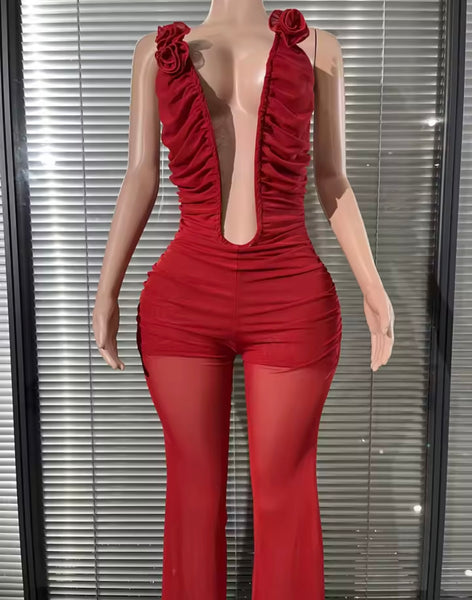 Women Red 3D Floral Strapless Ruched Mesh Jumpsuit