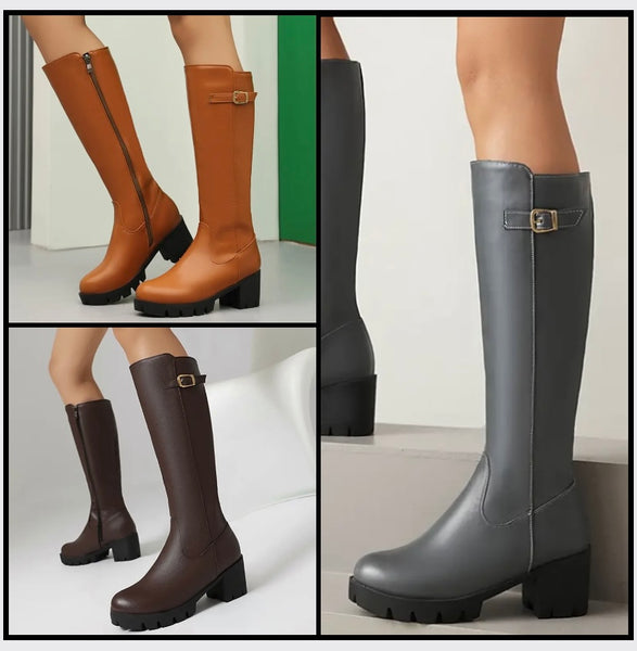 Women Fashion Round Toe Buckled Faux Leather Knee High Boots
