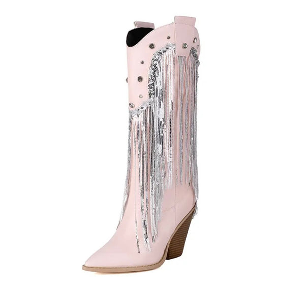 Women Fashion Bling Tassel Western Boots