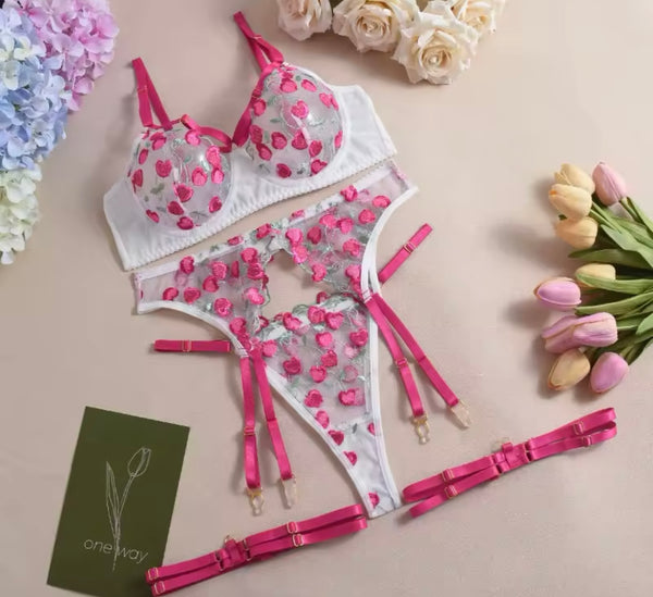 Women White Pink Heart Sexy Mesh Lingerie Set