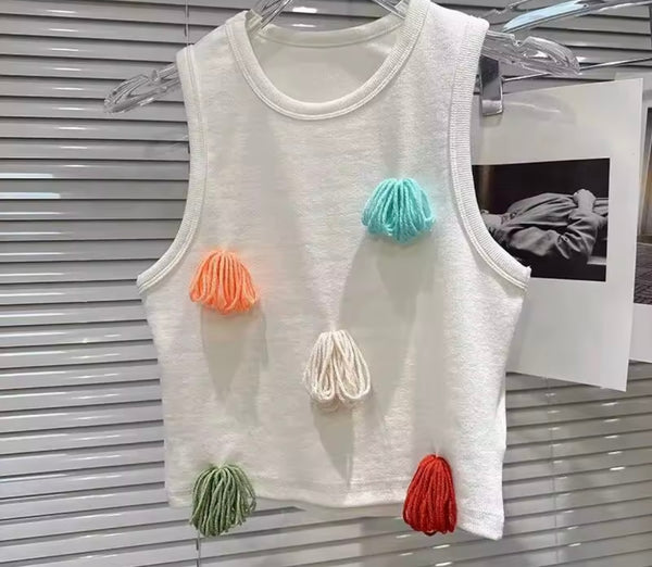 Women Fashion White Sleeveless Colorful Knit Fringe Tank Top