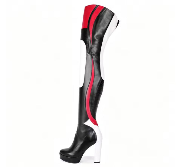 Women Round Toe Over The Knee Color Patchwork High Heel Boots