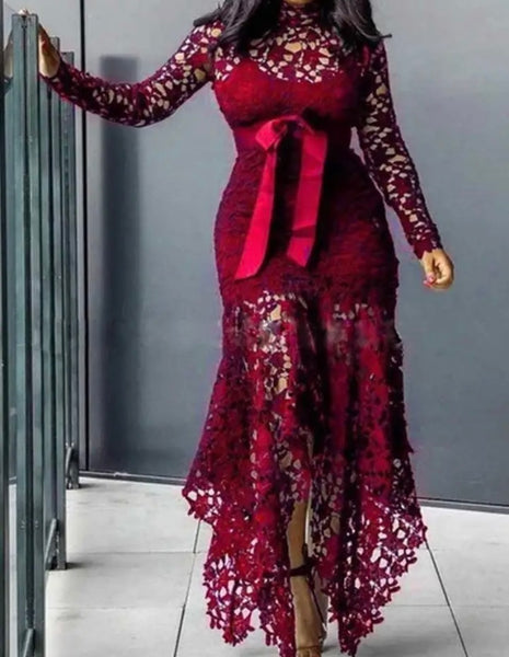 Women Sexy Color Lace Full Sleeve Bow Maxi Dress
