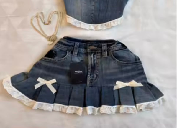 Women Strapless Bow Ruffled Denim Two Piece Skirt Set