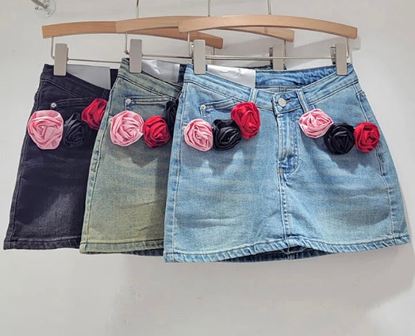 Women Color Floral Patchwork Fashion Denim Skirt