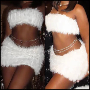 Women Sexy White Faux Fur Strapless Tube Top Two Piece Skirt Set