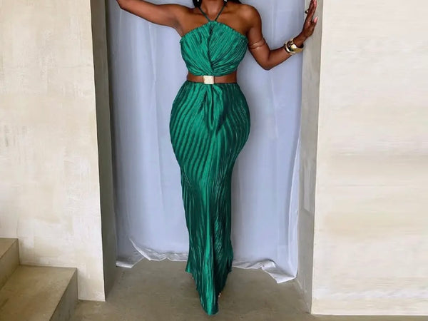 Women Sexy Halter Sleeveless Open Back Pleated Maxi Dress