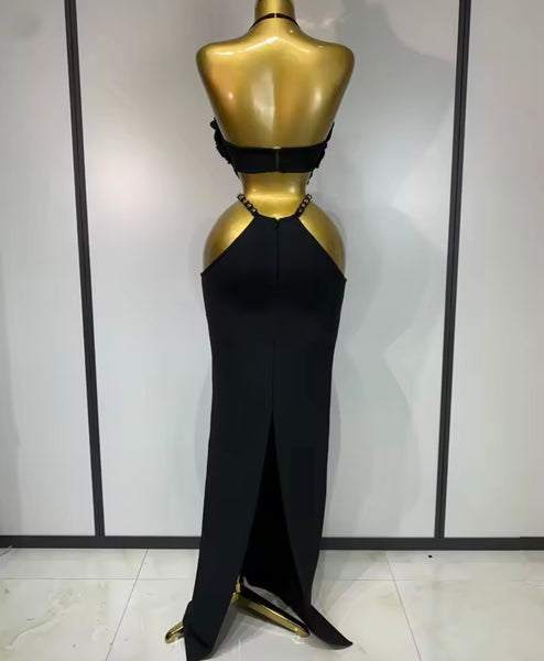 Women Black Sexy Floral Halter Sleeveless Cut Out Maxi Dress