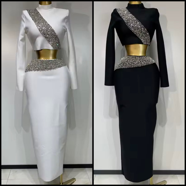 Women Beaded Bling Full Sleeve Sexy Two Piece Maxi Skirt Set