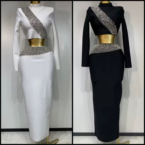 Women Beaded Bling Full Sleeve Sexy Two Piece Maxi Skirt Set
