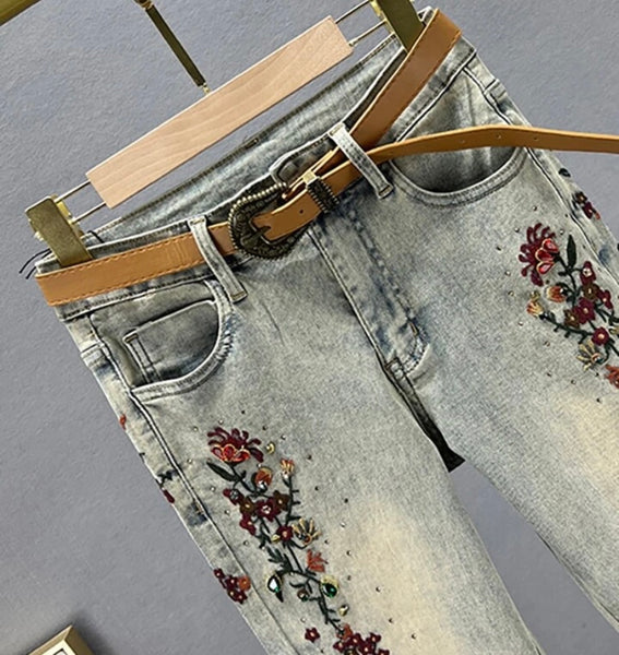 Women Fashion Embroidery Gem Print Denim Pants