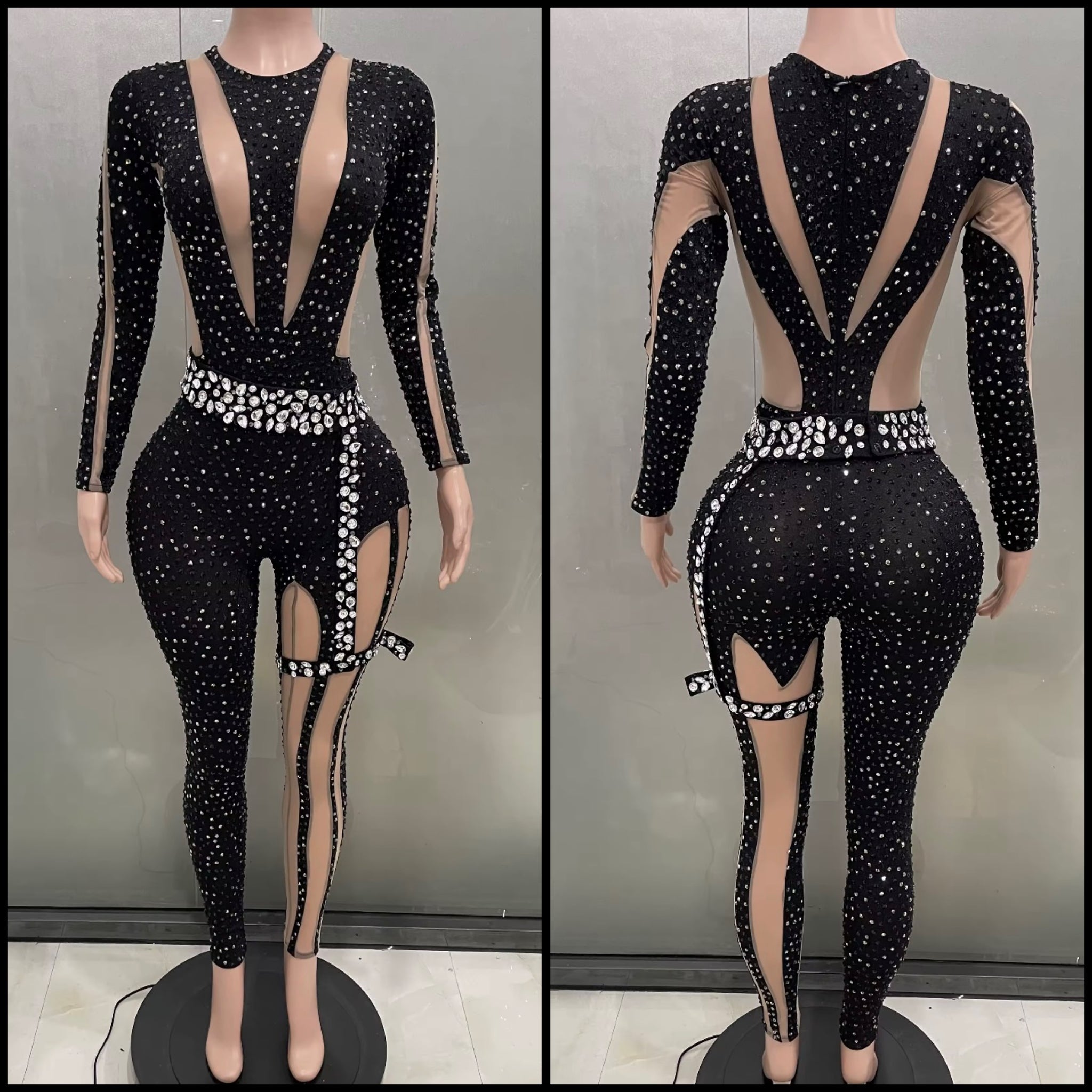 Women Sexy Black Bling Mesh Patchwork Full Sleeve Jumpsuit