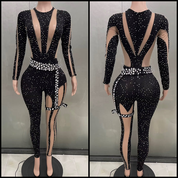 Women Sexy Black Bling Mesh Patchwork Full Sleeve Jumpsuit
