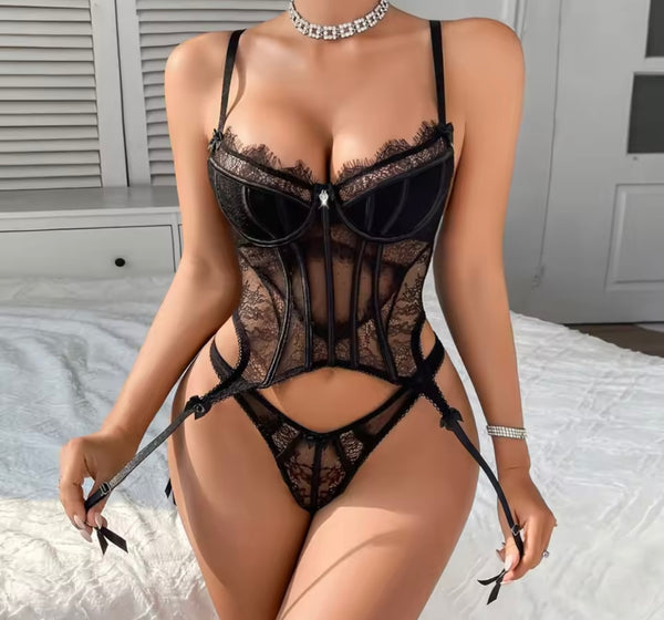 Women Black Sexy Sleeveless Lace Mesh Lingerie Set