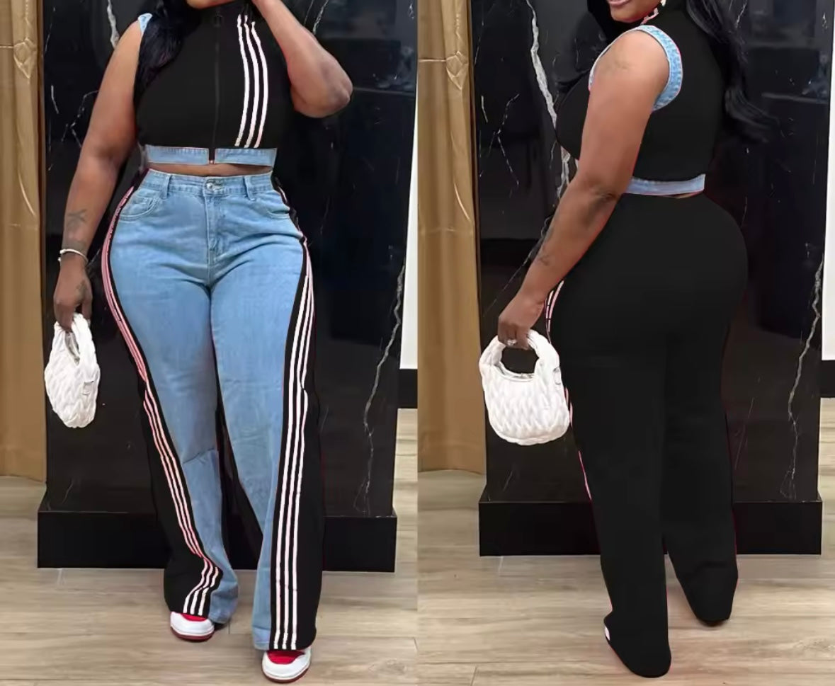 Women Zip Up Sleeveless Striped Color Denim Patchwork Two Piece Pant Set