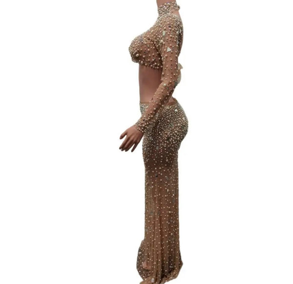 Women Nude Sexy Beaded Bling Full Sleeve Two Piece Mesh Skirt Set