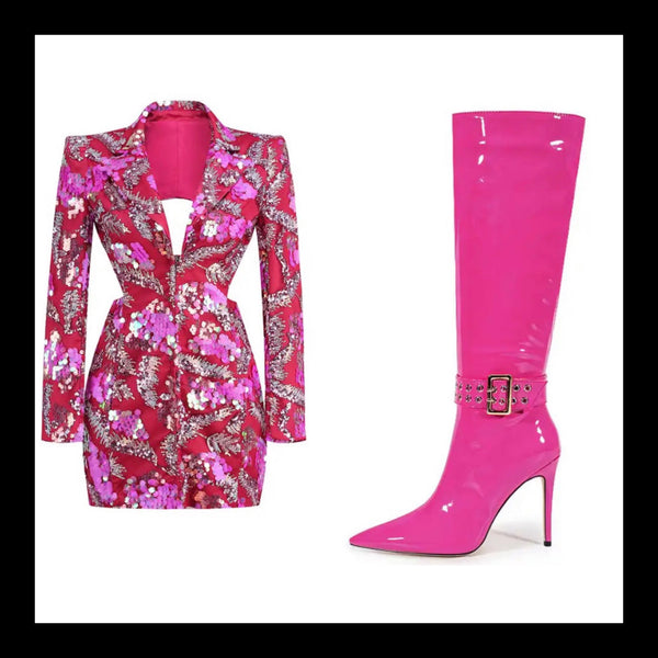 Women Fashion Patent Leather Buckled Knee High Boots