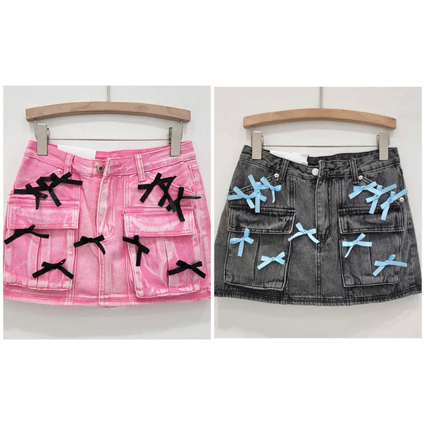 Women Sexy Fashion Color Bow Denim Skirt