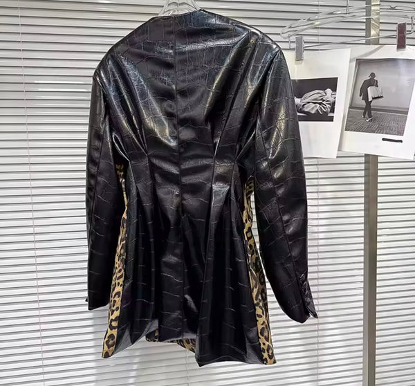 Women Fashion Leopard Print Faux Leather Trench Jacket
