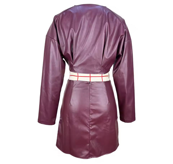 Women Color Fashion Faux Leather Two Piece Skirt Set