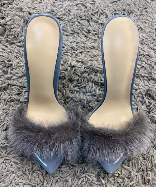 Women Color Open Pointed Toe Fashion Faux Fur High Heel Sandals