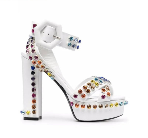 Women Fashion Faux Leather Color Rhinestone Platform Sandals