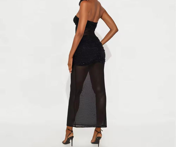 Women Sexy Strapless Sparkly Mesh Maxi Dress