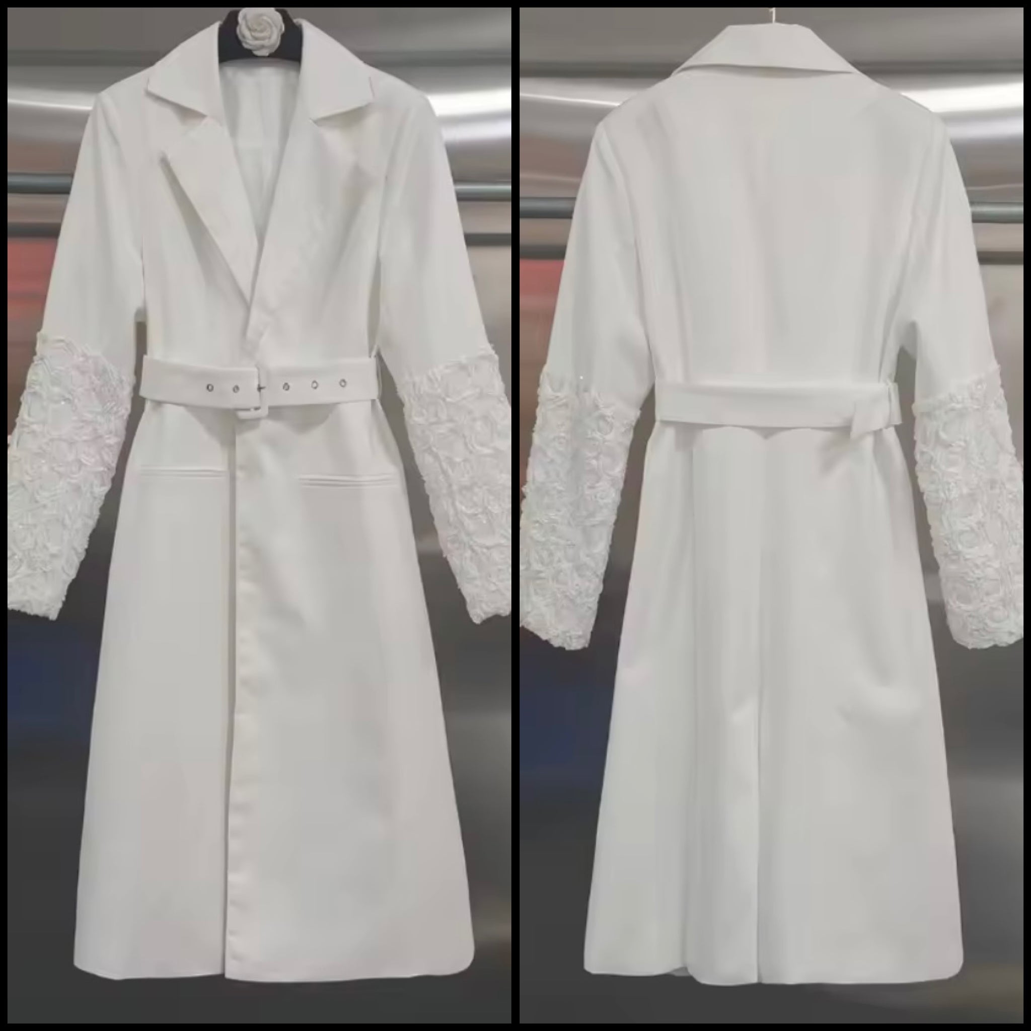 Women White Fashion Floral Sleeve Belted Trench Jacket