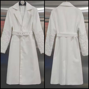 Women White Fashion Floral Sleeve Belted Trench Jacket