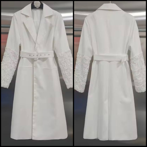Women White Fashion Floral Sleeve Belted Trench Jacket