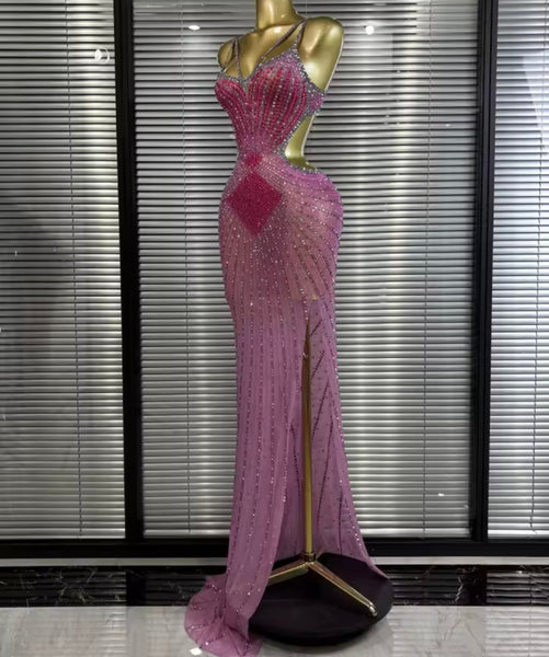 Women Pink Sexy Sleeveless Open Back Rhinestone Maxi Dress