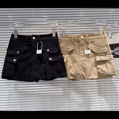 Women Color Fashion Pocket Cargo Skirt
