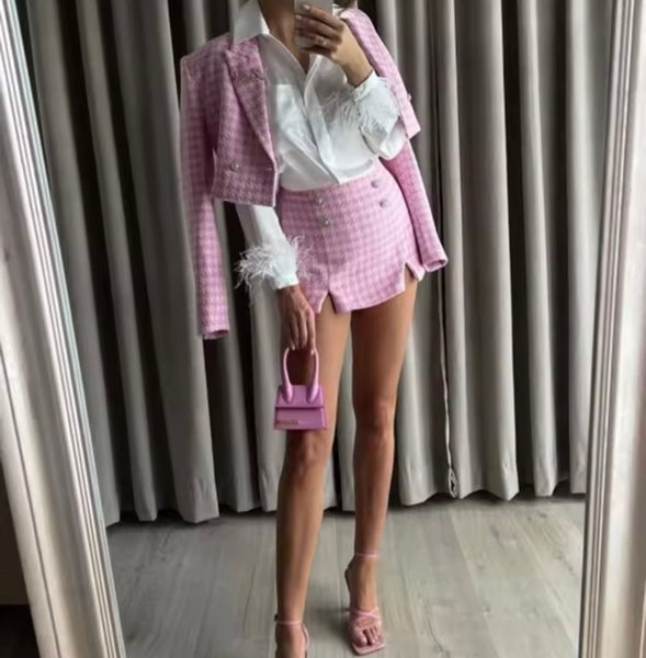 Women Sexy Pink Tweed Bling Button Blazer Two Piece Short Set