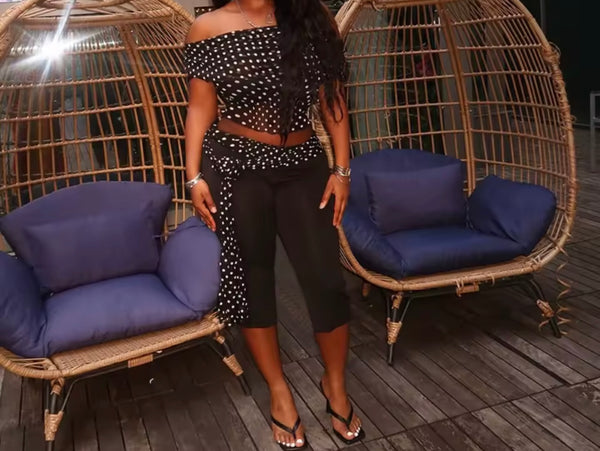 Women Fashion Off The Shoulder Polka Dot Two Piece Capri Pant Set