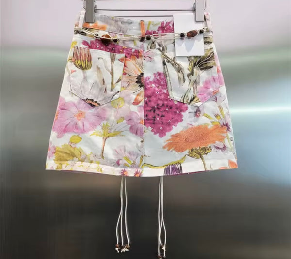 Women Fashion Floral Print Denim Skirt
