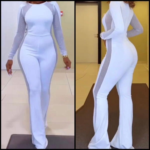 Women Sexy Mesh Bling Patchwork Full Sleeve Jumpsuit