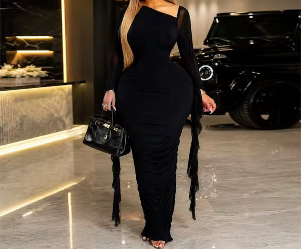 Women Sexy Flare Sleeve Ruched Maxi Dress