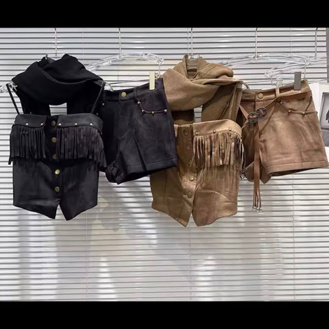 Women Sleeveless Suede Rivet Button Up Fringe Two Piece Short Set