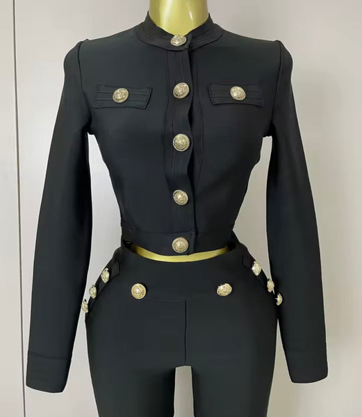 Women Black Gold Button Full Sleeve Two Piece Pant Set