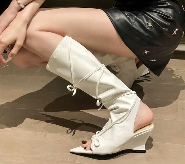 Women Pointed Open Toe Bow Faux Leather Knee High Fashion Boots