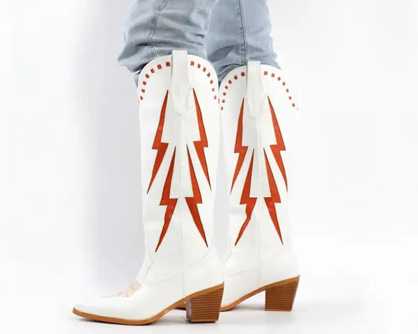 Women Fashion White Color Patchwork Knee High Western Boots