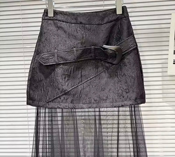 Women Buckled Ruffled Mesh Black Fashion Skirt