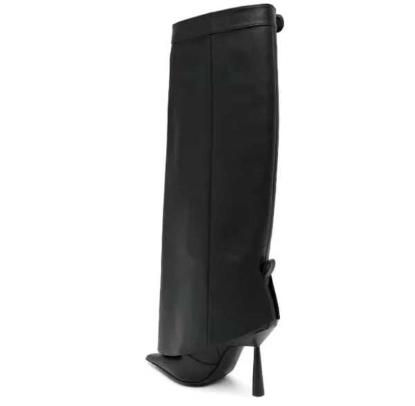 Women Black Pointed Toe Buckled Faux Leather Knee High Boots