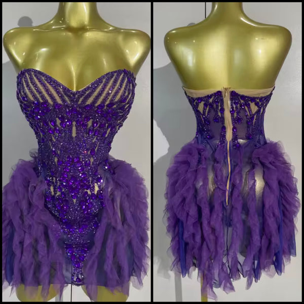 Women Sexy Strapless Purple Ruffle Rhinestone Mesh Dress