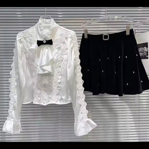 Women Ruffled Bow Tie Full Sleeve Two Piece Bling Skirt Set