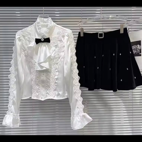 Women Ruffled Bow Tie Full Sleeve Two Piece Bling Skirt Set
