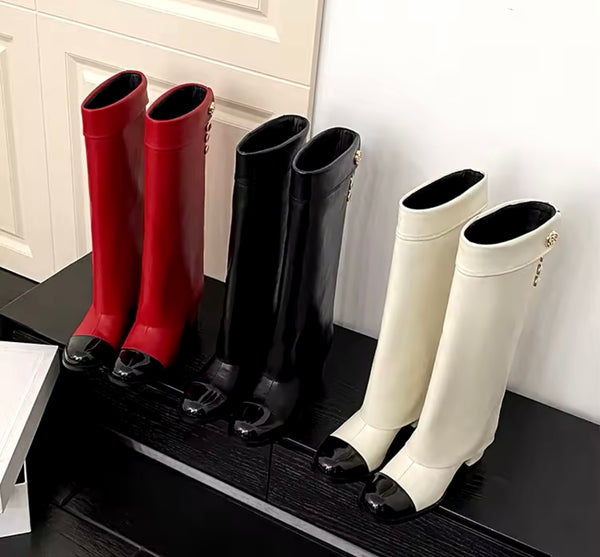 Women Fashion Faux Leather Gold Button Knee High Boots